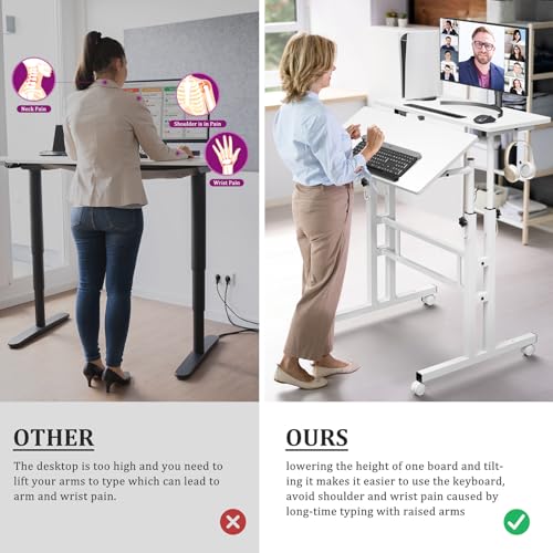 Enayplon Small Standing Desk with Wheels, Mobile Stand Up Desk, Portable Standing Table on Wheels for Walking Pad, Rolling Computer Desk Adjustable Height, Tall Table - color: White