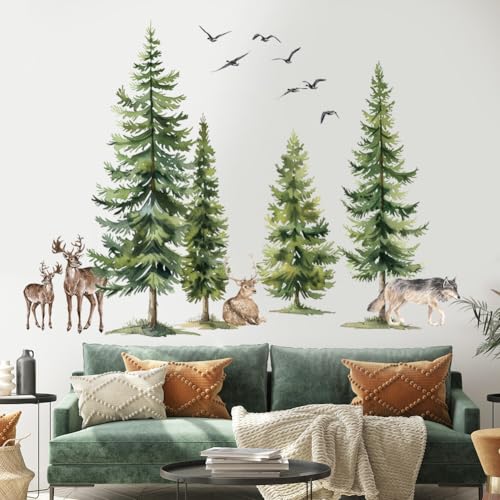 Green Pine Tree Wall Sticker Woodland Animals Wall Decal Peel and Stick Forest Wall Art Mural Deer Wolf Bird Wall Stickers for Bedroom Decor - color: Green