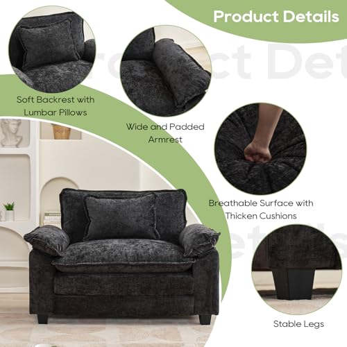 53" Modular Sectional Sofa, Comfy Single Sofa Deep Cloud Couch | Couches for Living Room, Modular Couch, Deep and Wide Seat, Chenille Sofa Sleeper with Throw Pillows, Black - color: Black, size: 53 Inch