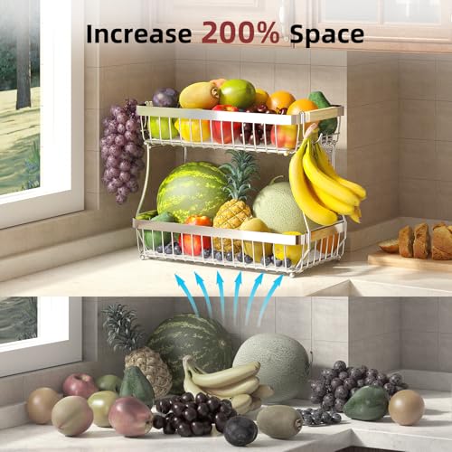 2-Tier Fruit Basket with Banana Hangers, Detachable Metal Bowl | Wooden handle, protective mats included. Versatile holder for bread, snacks, and veggies. Extra Large 2 tier metal design. - color: Silver, size: 2 Tier Extra Large
