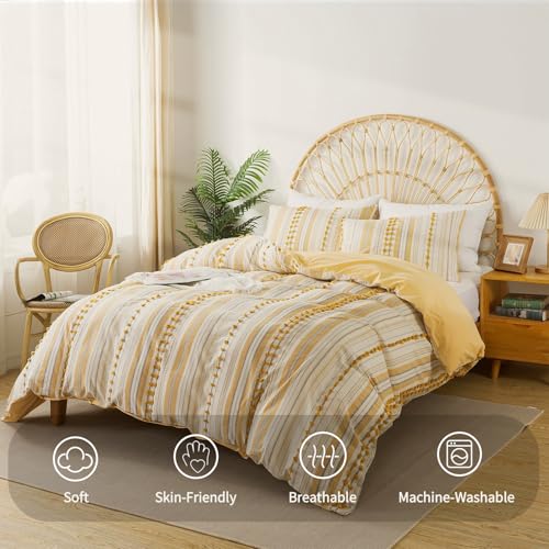 Washed Cotton Cal King Size Duvet Cover Set - Tufted Dots Boho Chic Bedding for All Seasons, Striped Bohemain Bedding Linen Like Textured Breathable Soft Comfy (Yellow, 104''x98'') - color: Yellow, size: California King