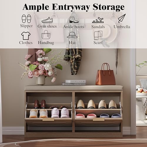 LUMTOK Shoe Storage Bench with 2 Coat Racks & Padded Cushion, Rattan Entryway Bench with 2 Flip Drawers，Narrow Shoes Storage Cabinet with Hooks for Hallway, Living Room, Bedroom