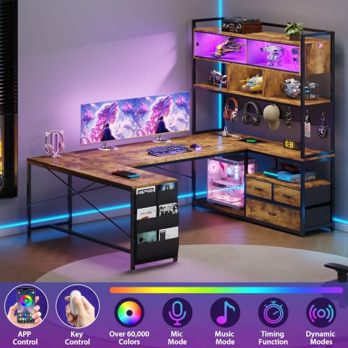Dnxao 65" Gaming Desk with 3 Drawers and Pegboard, Rustic Brown | Reversible U Shaped Computer Desk with Power Outlets and LED Lights, Storage Shelves Workstation with Pegboard for Gamers - color: Rustic Brown