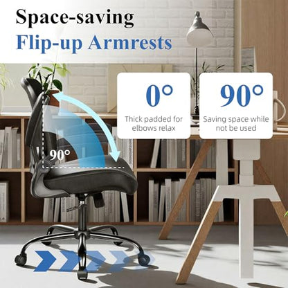 Ergonomic Office Chair, Flip-up Armrest, Mesh Back PU Leather Seat | Black Computer Desk Chair, Height Adjustable, Lumbar Support, Breathable Mesh Back, Thick PU Leather Cushion, 300lb Cap