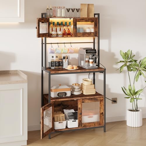 HOOBRO Bakers Rack with Storage Cabinet, 5-Tier Coffee Bar with Power Outlet and LED Lights, Industrial Microwave Oven Stand with Shelves, Kitchen Storage Shelf, Rustic Brown and Black BF13UDHB01 - color: Rustic Brown + Black