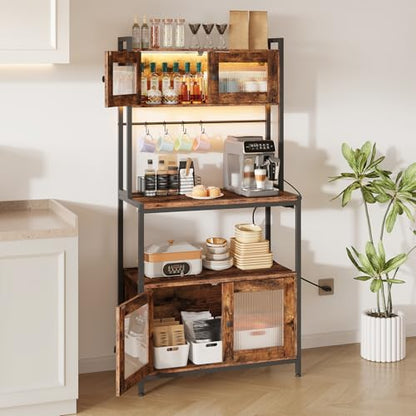HOOBRO Bakers Rack with Storage Cabinet, 5-Tier Coffee Bar with Power Outlet and LED Lights, Industrial Microwave Oven Stand with Shelves, Kitchen Storage Shelf, Rustic Brown and Black BF13UDHB01 - color: Rustic Brown + Black