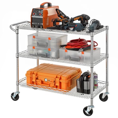 Finnhomy 3 Tier Heavy Duty Commercial Grade Utility Cart, Wire Rolling Cart with Pushing Handle Bar, Steel Metal Kitchen Service Trolly with Wheels, Shelf Size 18" D x 36" W, NSF, Chrome - size: 36"L x 18"W x 35.4"H-3 Tier, style: Chrome Cart