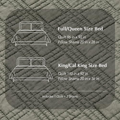 EVERGRACEHOME Cotton Sateen Windowpane Quilt Set Queen Size, Stone Sage | 100% Cotton, Pre-Washed Soft Coverlet Bedspread, 3-Piece Lightweight Bedding Set for All Season, with 2 Pillow Shams - color: Stone Sage (Grayish Green) - Windowpane, size: Full/Que