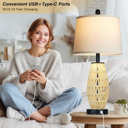 CINSARY 27“ Beige Boho Rattan Table Lamps with Night Light, Natural Bedroom Lamps Set of 2 with USB A+C Charging Ports, Rustic Farmhouse Woven Wicker Bedside Nightstand Lamp for Living Room End Tab - color: Beige and Black