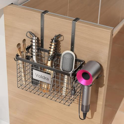 Voldra Hair Dryer Holder Cabinet Door, Adhesive Hair Tool Organizer Wall Mount Adjustable Height Blow Dryer Holder Under Sink/Countertop for Flat Curling Iron, Hair Brush and Straightener (1, Black) - color: Black