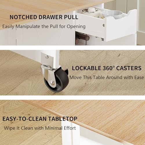 52.7" Folding Dining Table for 2-6, Easy Assembly, Oak+White | Folding Dining Table with 6 Wheels, Drop Leaf Table with Drawers, Shelves and Wine Rack for Small Spaces - color: Light Brown