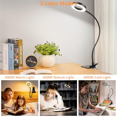 Woputne Desk Lamp Clip on Light for Bed Book Reading (Black) | 10 Dimmable Brightness 3 Light Modes Desk Lights for Home Office Clamp Bedside Lamp for Painting, Craft, Study - size: Black-1 Piece-Standard-Classic