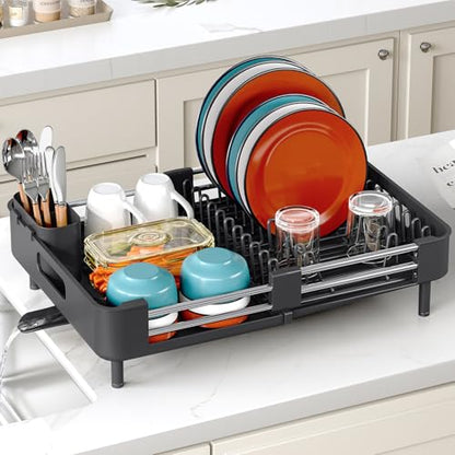 TOOLF Expandable Dish Drying Rack with Cutlery Holder, Standard, Black | Stainless Steel &PP, Extenable 12.6"-18.7"D, Anti-Rust, Auto-Drainage, Space-Saving, Fit for RV, Apartment Sink Countertop - color: Black
