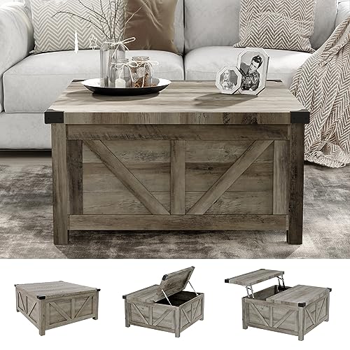jimeimen Farmhouse Lift Top Coffee Table with Storage, Wood Square Center Table with Charging Station&USB Port, Living Room Table w/Large Hidden Space, for Living Room, Bedroom, Home Office, Grey - color: Grey