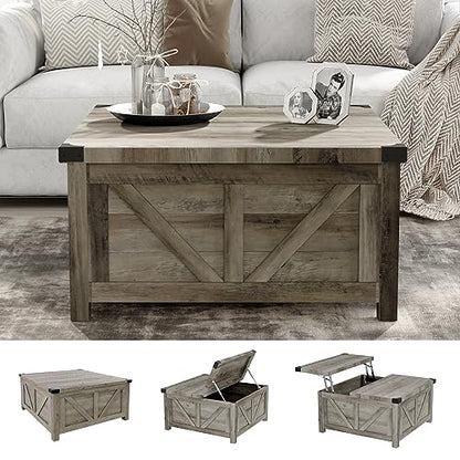 jimeimen Farmhouse Lift Top Coffee Table with Storage, Wood Square Center Table with Charging Station&USB Port, Living Room Table w/Large Hidden Space, for Living Room, Bedroom, Home Office, Grey - color: Grey