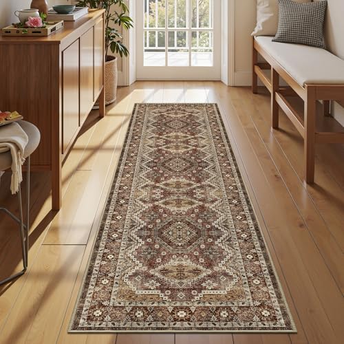 Rugland 2'6x8' Runner Rug, TPR07-Rust, Vintage Tribal, Stain Resistant, Anti-Slip Backing, Machine Washable, Low Pile, Indoor, Rug | Low Pile, Soft & Lighweight, Folable, Stain Resistant Tribal 2.5x8ft Carpet Runners for Entryway,Kitchen,Living Room,Bedro