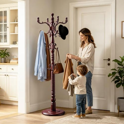 Heavy Duty Coat Rack Stand Freestanding Coat Tree for Small Space,mahogany | Birch Wood Main Pole,Multifunctional,14 Hooks and 1 Round Base,for Hallway,Bedrooms,3 Height Adjustable(48.8-72.3") - color: Mahogany