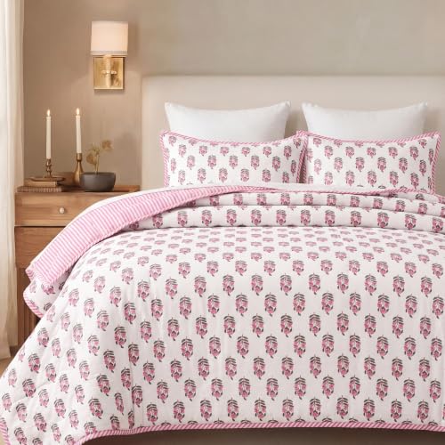 Block Print Reversible Cozy Quilt Punch Pink Twin 60" X 90" Lightweight Blanket for Sofa, Couch, Bed Soft Breathable Comforter Handmade Bedspread Duvet for Farmhouse, Home, Winter - color: Punch Pink, size: Twin 60" X 90"