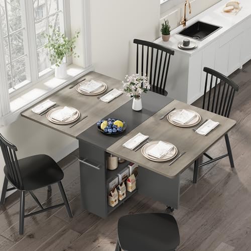 Folding Dining Table with 2-Layer Storage Rack, Drop Leaf Tables, Grey | Small Spaces, Foldable Dining Table with 3 Wheels, Kitchen Table, Dining Room - color: Grey, size: 47.2"D x 23.6"W x 29.5"H