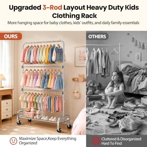 Heavy Duty Kids Clothing Rack Rolling Large Storage Capacity Dress Up Rack | with 2/3 Adjustable Rod & Bottom Shelf - Baby clothes rack baby Closet for Nursery Bedroom Organizer - color: Silver