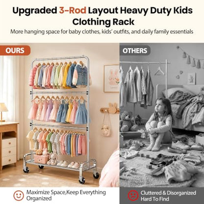 Heavy Duty Kids Clothing Rack Rolling Large Storage Capacity Dress Up Rack | with 2/3 Adjustable Rod & Bottom Shelf - Baby clothes rack baby Closet for Nursery Bedroom Organizer - color: Silver