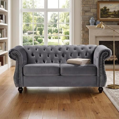 GDFStudio 82.6" Velvet Sofa Set, Modern Living Room Couch Set, Upholstered Sofa Loveseat Chair Set, Chesterfield with Button Tufted Back Rolled Arms Wood Tapered Feet for Apartment Living Room, Gray - color: Grey, size: 3+2+1 Seat