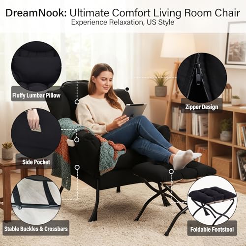 Lazy Chair with Ottoman, Reading Chair with Lumbar Pillow， Black | Comfy Accent Lounge Chair with Pillow & folding Foot Stool, sturdy metal frame for bedroom, dorm or apartment, Living Room - color: Black