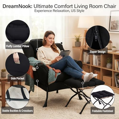 Lazy Chair with Ottoman, Reading Chair with Lumbar Pillow， Black | Comfy Accent Lounge Chair with Pillow & folding Foot Stool, sturdy metal frame for bedroom, dorm or apartment, Living Room - color: Black