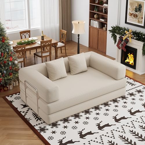 59.0 Inch Convertible Sofa Bed, 4-in-1Futon Sofas Bed Pull Out Sleeper Couch, Modern Deep Seat Sofa for Living Room, Corduroy Boneless Couches for Bedroom, Apartment, No Assembly Beige, 2 Seat - color: Beige, size: 59” 2 Seat