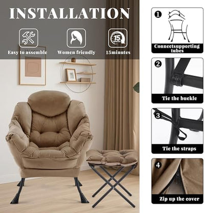 Lazy Chair with Ottoman, Comfy Reading Chair, Brown | Cushioned Seat with Foldable Ottoman and Side Pocket, Lounge Chair for Bedroom, Living Room, Dorm and Small Spaces - color: Brown
