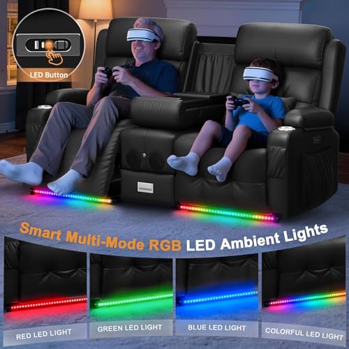 Home Theater Seating, Power Loveseat Recliner Sofa with Massage & Heat | Wall Hugger Reclining Loveseat with USB, RV Couch with LED Lights, Flip Backrest, Cup Holders for Movie Theater, Gaming Room - color: Black, size: 72" - 2 Seats