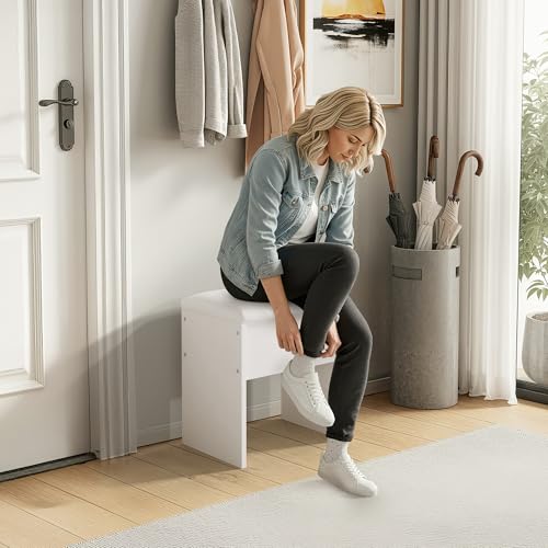 LIVELYGLOW Small Makeup Vanity Stool,15.7" W x 10.2" D x 16.7" H，White（Easy Assembly,PU Cushion Mat, Footstool） - color: Pure White