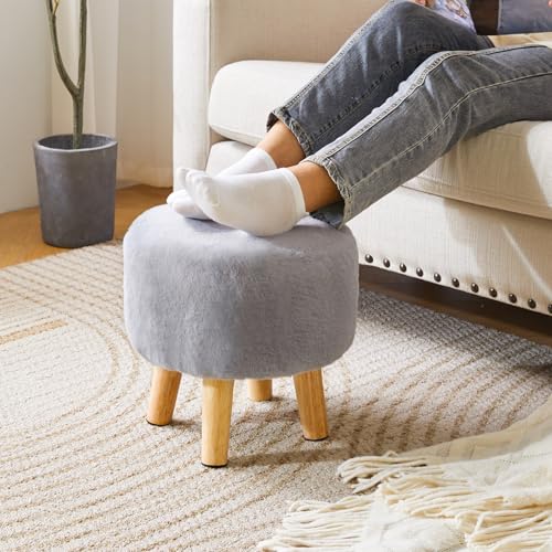 YMYNY Round Pouf Ottoman 12.6" Small Foot Stool, Grey HBD035G | Faux Fur, Wood Legs, Modern Boho, Foot Rest for Couch Living Room Bedroom Office - color: Grey