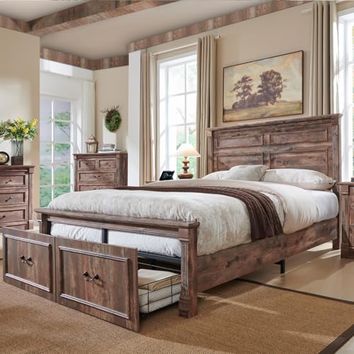 Aitjunz Farmhouse Queen Size Bed Frame with 51" Tall Headboard, Wood Platform Bed Frame with 20" Tall Roman Column Decoration Footboard & 2 Large Storage Drawers, No Box Spring Needed (Light Brown) - color: Light Brown, size: Queen