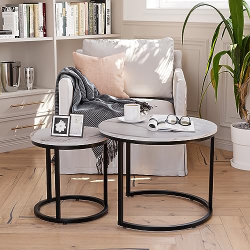 Smuxee White Nesting Coffee Table Set of 2, 23.6" Round Coffee Table Wood Grain Top with Adjustable Non-Slip Feet, Industrial End Table Side Tables for Living Room Bedroom Balcony Yard - color: White-black, size: 23.6"W