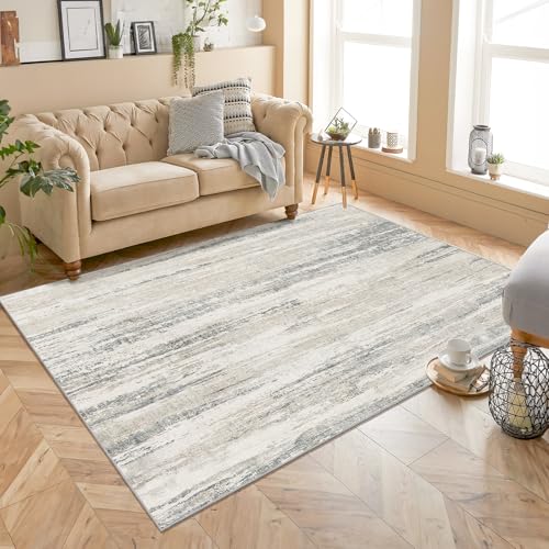 Washable Rug 4x6.5,Modern Abstract Area Rugs for Bedroom Living Room Office Playroom,Small Non Slip Throw Carpet Indoor,Low Pile Accent Neutral Beige and Grey - color: Beige, size: 4' x 6'6" (Rectangular)