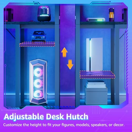 40 inch Small Gaming Desk with Pegboard Shelves Computer Desks with Led Lights Power Outlets PC Monitor Stand Reversible Storage Shelf Table for Bedroom Small Space, Black