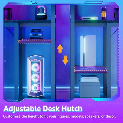 40 inch Small Gaming Desk with Pegboard Shelves Computer Desks with Led Lights Power Outlets PC Monitor Stand Reversible Storage Shelf Table for Bedroom Small Space, Black