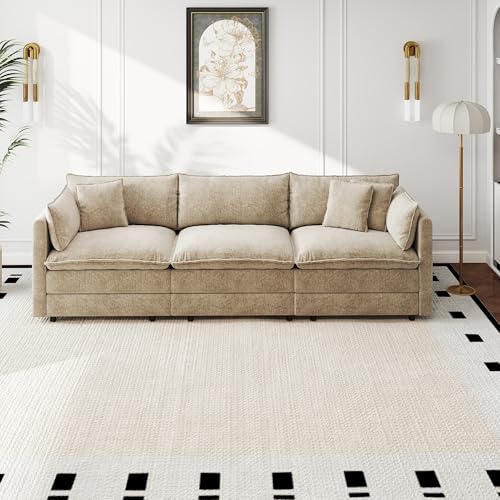 Aoowow Modular Sectional Sofa,112.2 Inch Modern Deep 3-Seater Sofas Comfy Chenille Cloud Sofas and Couches with Pillows for Living Room Apartment（Camel） - color: Camel, size: 3 Seat