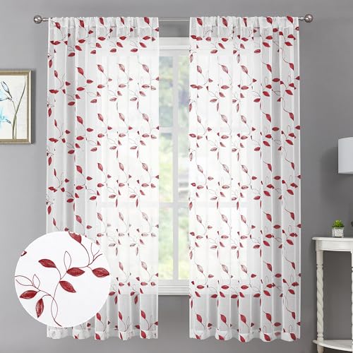Tollpiz Burgundy Red Leaf Sheer Curtain Bedroom Short 38 x 45 Inches | Leaves Embroidered Curtains Rod Pocket Voile Window Treatments for Living Room, Set of 2 Panels - color: Burgundy Red, size: 38"W x 45"L (Pack of 2)