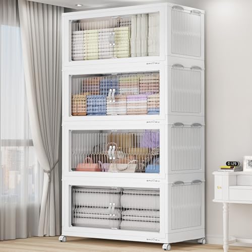BROVIEW 800Qt Stackable Storage Bins with Lid for Home Dorm, 4Pack White | Closet Organizers, Foldable & Collapsible Cabinets, Large Containers, Wheels & Magnetic Doors, Plastic Drawers for School - color: White, size: 200QT-4Pack