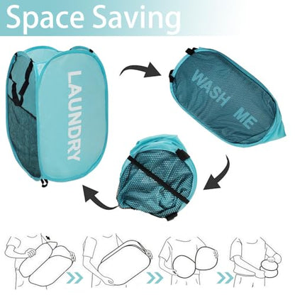 2Pcs Dirty Clothes Hampers for Laundry Foldable Mesh Pop Up Hampers | Collapsible Laundry Baskets Travel Cruise Hampers Blue Space Saving Easy to Carry for Laundry Room, College Dorms, Bedroom - color: Sky Blue - 2Pack