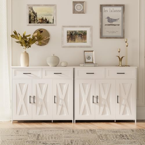 Homhedy Coffee Bar Storage Cabinet with Drawers, Kitchen Buffet Cabinet | Sideboard Cabinet with Doors, Farmhouse Buffet Cabinet, Adjustable Shelves, for Kitchen / Dining / Living Room, White - color: White