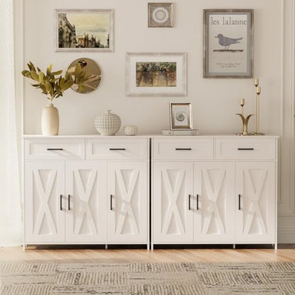 Homhedy Coffee Bar Storage Cabinet with Drawers, Kitchen Buffet Cabinet | Sideboard Cabinet with Doors, Farmhouse Buffet Cabinet, Adjustable Shelves, for Kitchen / Dining / Living Room, White - color: White