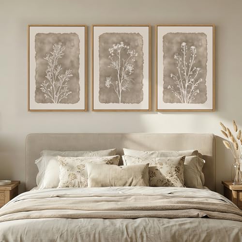 3 Piece Framed Neutral Botanical Floral Wall Art for Living Room, 16x24 In | Large, Canvas prints, Farmhouse artwork, Minimalist paintings, Wildflower, Plant, Bedroom picture, Dining room wall decor - color: white and beige, size: 16W" x 24H"x3Pcs
