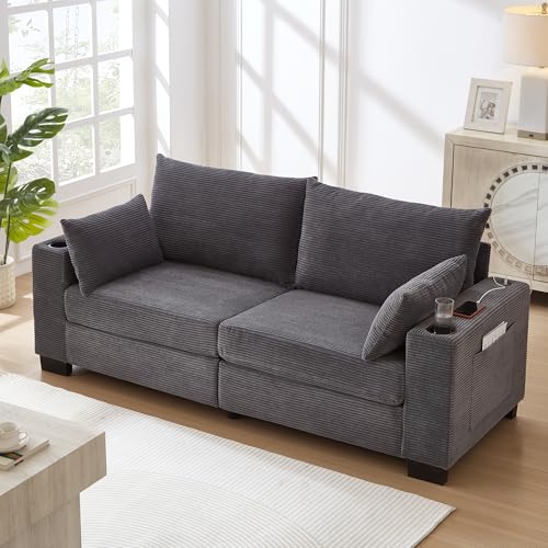 78" Cloud Loveseat Sofa, Modern 2 Seater Loveseat Couch with Dual Cup Holders & USB Charging Ports, Comfy Corduroy Upholstered Sofa with Side Storage Pockets for Apartment - color: Grey