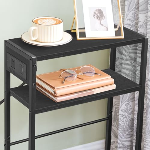 HOOBRO Small Narrow Side Table with Charging Station, Skinny End Table for Small Spaces, Slim Nightstand with USB Ports Outlet, Sofa Beside Table with Storage Shelf, Black BB102UBZ01 - color: Black