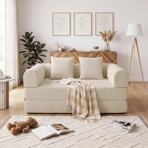 53.15'' Convertible Compressed Corduroy Folding Cloud Sofa Bed, Modern Boneless Pull Out Loveseat Sleeper in a Box, 4 in 1 Floor Mattress Futon Fluffy Couch, No Assembly Needed, Beige, Pillows, Full - color: Bg, size: 53.15''