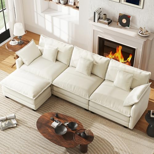 111.4" Cloud Couch, Modular Sectional Sofa with Ottoman, Comfy Modern 3-Seater Couches with Pillows & Upholstered Deep Seat Cushion for Living Room Bedroom Apartment (Beige) - color: Beige, size: 111.4" L Sofa