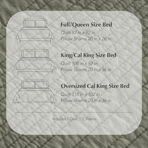 EVERGRACEHOME 100% Cotton Quilt Set Oversized Cal King, Olive Green | Pre-Washed Soft Cotton, Striped Coverlet Bedspread, 3 Piece Lightweight Bedding Set for All Season, with 2 Pillow Shams - color: Olive Green, size: Oversized Cal King (118" X 102")